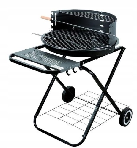 Grill ogrodowy okrągły węglowy z półkami kółkami